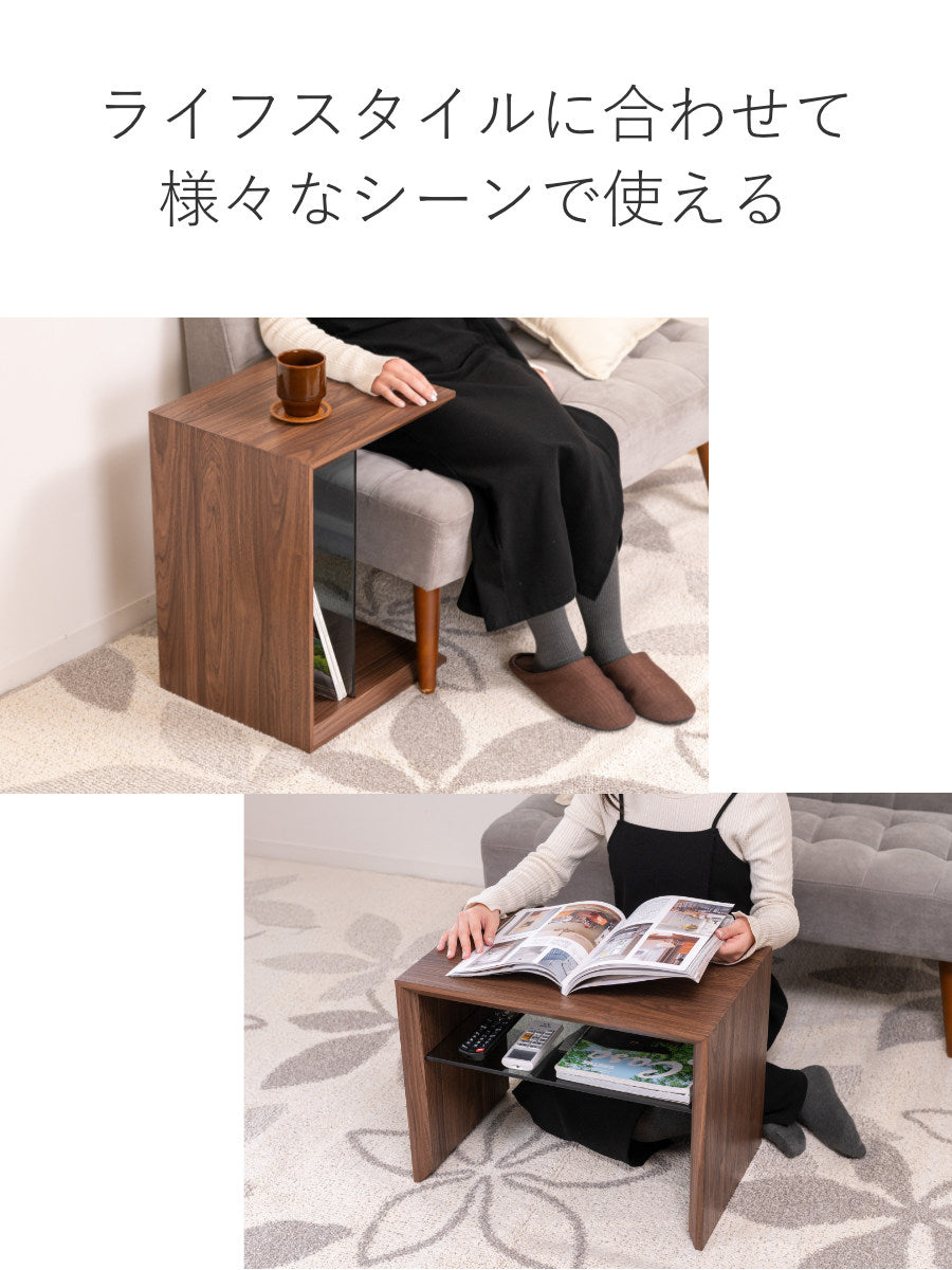 サイドテーブル 幅54cm 強化ガラス棚 ウォールナット調 – ハウジー