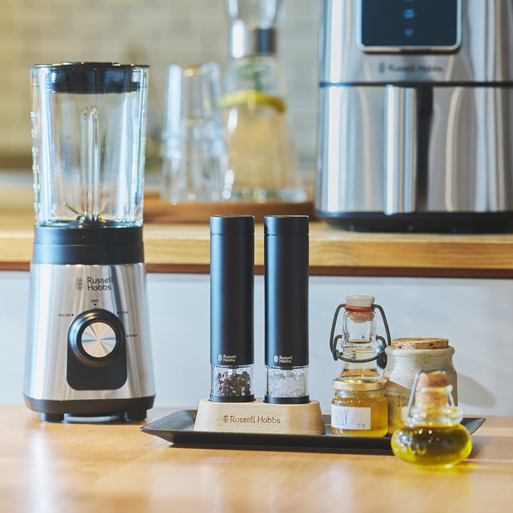 RussellHobbs電動ミルミニ2本セット木製スタンド付きソルト＆ペッパーミル