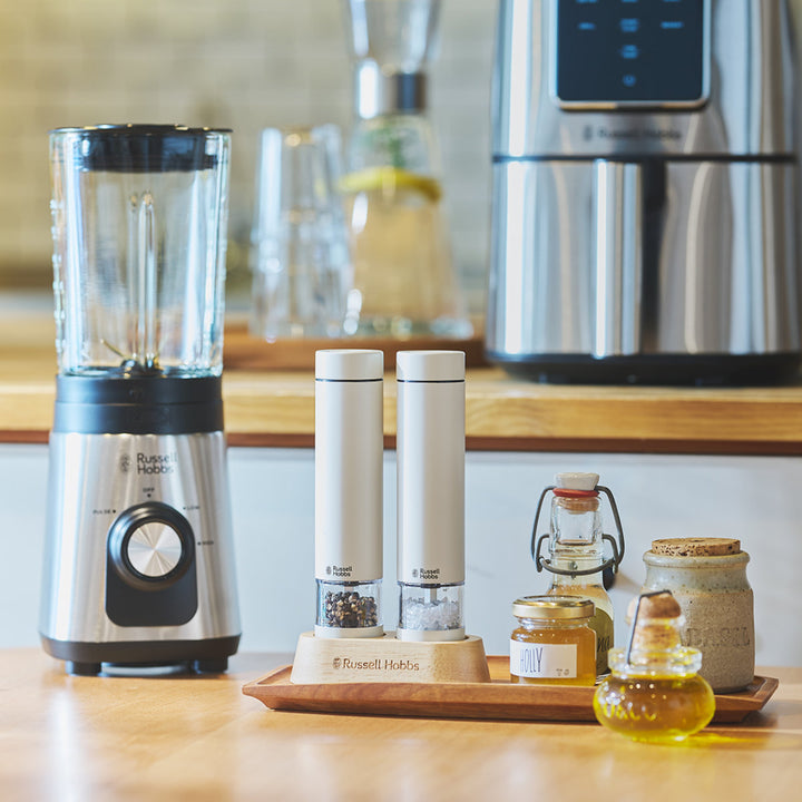 RussellHobbs電動ミルミニ2本セット木製スタンド付きソルト＆ペッパーミル