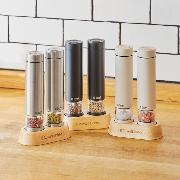 RussellHobbs電動ミルミニ2本セット木製スタンド付きソルト＆ペッパーミル