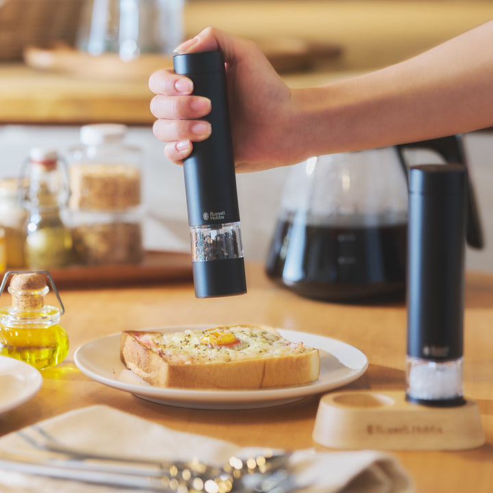 RussellHobbs電動ミルミニ2本セット木製スタンド付きソルト＆ペッパーミル