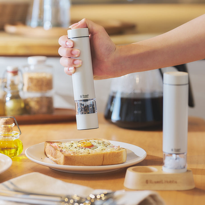 RussellHobbs電動ミルミニ2本セット木製スタンド付きソルト＆ペッパーミル