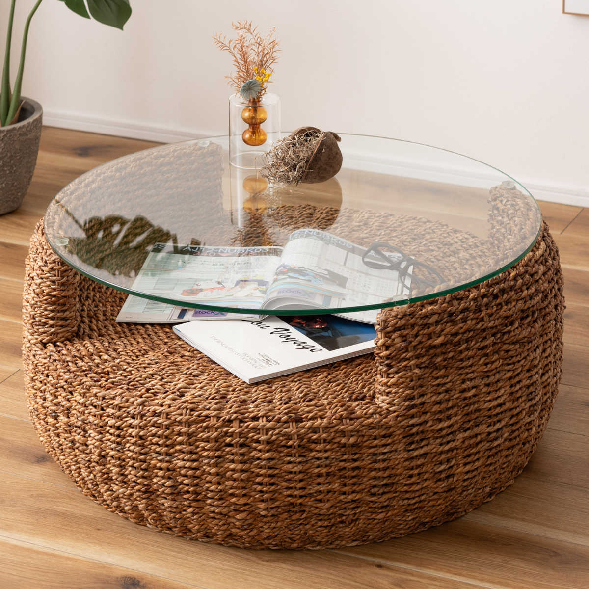 アバカ ガラステーブル(幅90) ローテーブル 直径80cm 円形 ガラス天板 収納付き アバカ – ハウジー