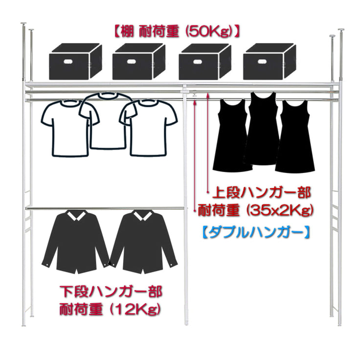 突っ張りハンガーラック幅150～250cm高さ200～265cmダブルハンガーロータイプスーパーワイド
