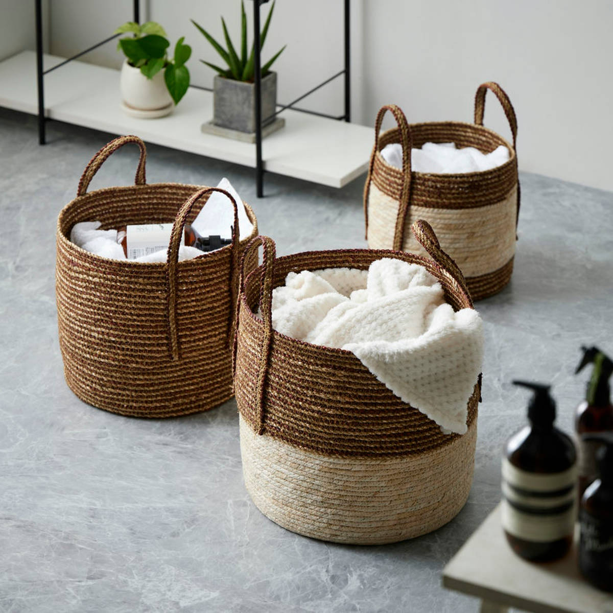 天然素材 バスケット 持ち手つき ラウンド S M L 3個組 シーグラス