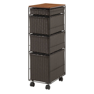 ランドリーチェスト 幅25cm 4段 スリム 引き出し 隙間収納 キャスター付き 木目調天板 スチール ポリエチレン