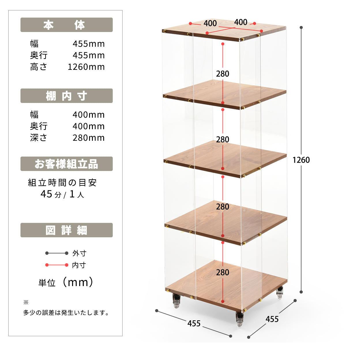 アクリルラック 幅45.5cm 5段 キャスター付き 木目調 ディスプレイ