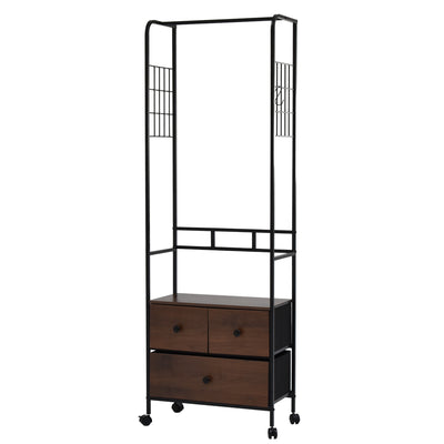 ハンガーラック 幅59cm 木目調 引き出し2段 3杯 キャスター付き 脚付き 軽量