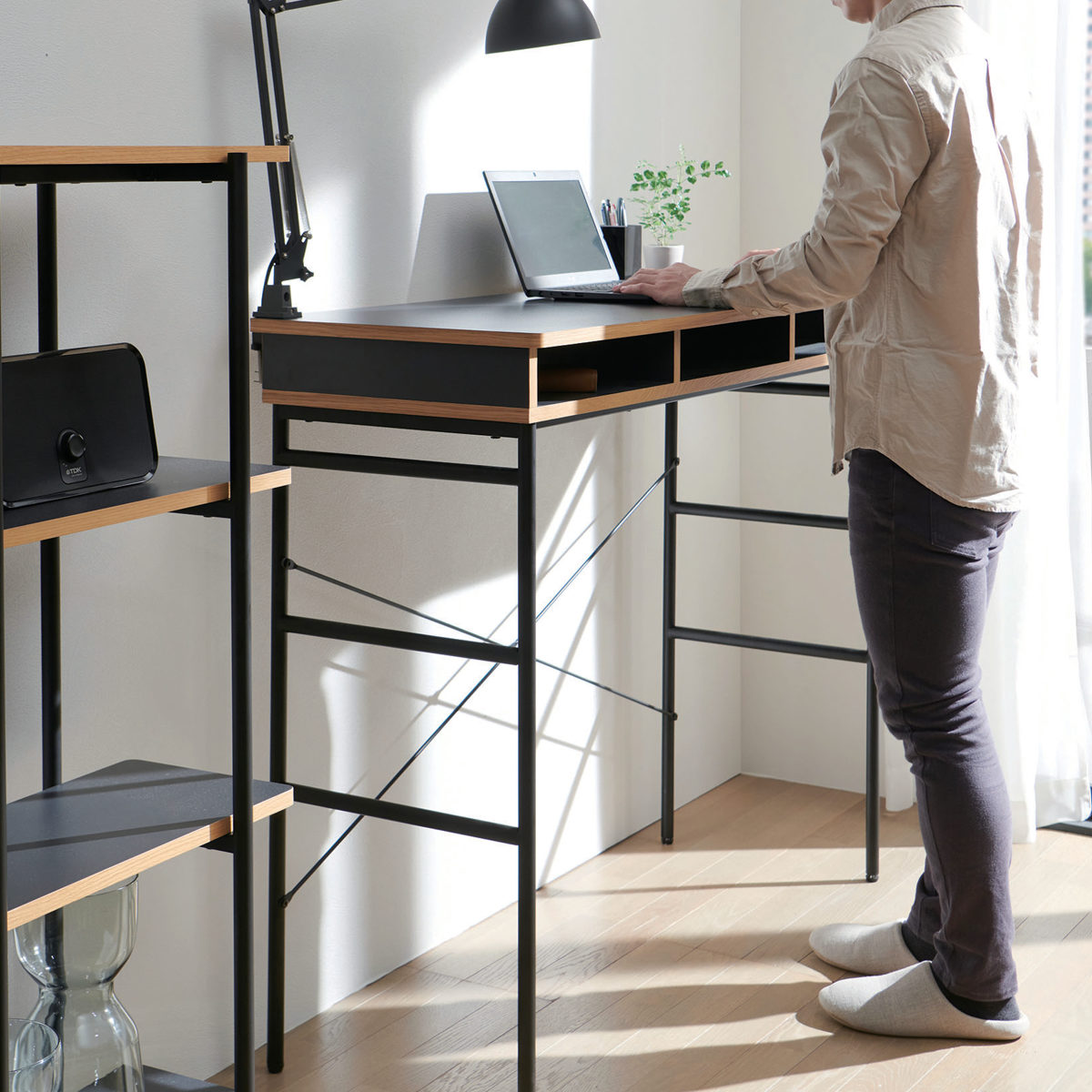 ハイテーブル 高さ100cm 作業台 カウンターテーブル 天然木 収納