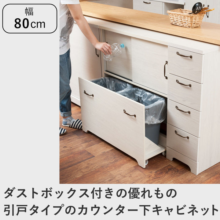 カウンター下収納キャビネット幅80cm北欧風2分別ダストボックス付