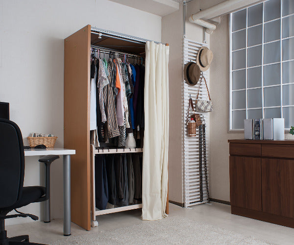 伸縮クローゼット最大幅125cmハンガーラックカーテン付き日本製