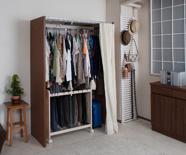 伸縮クローゼット最大幅125cmハンガーラックカーテン付き日本製