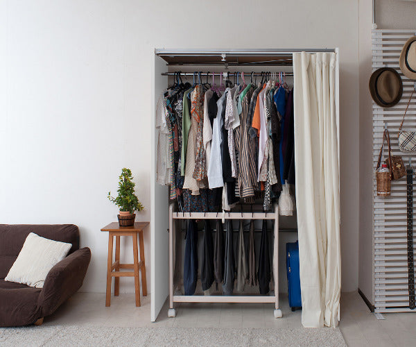 伸縮クローゼット最大幅125cmハンガーラックカーテン付き日本製