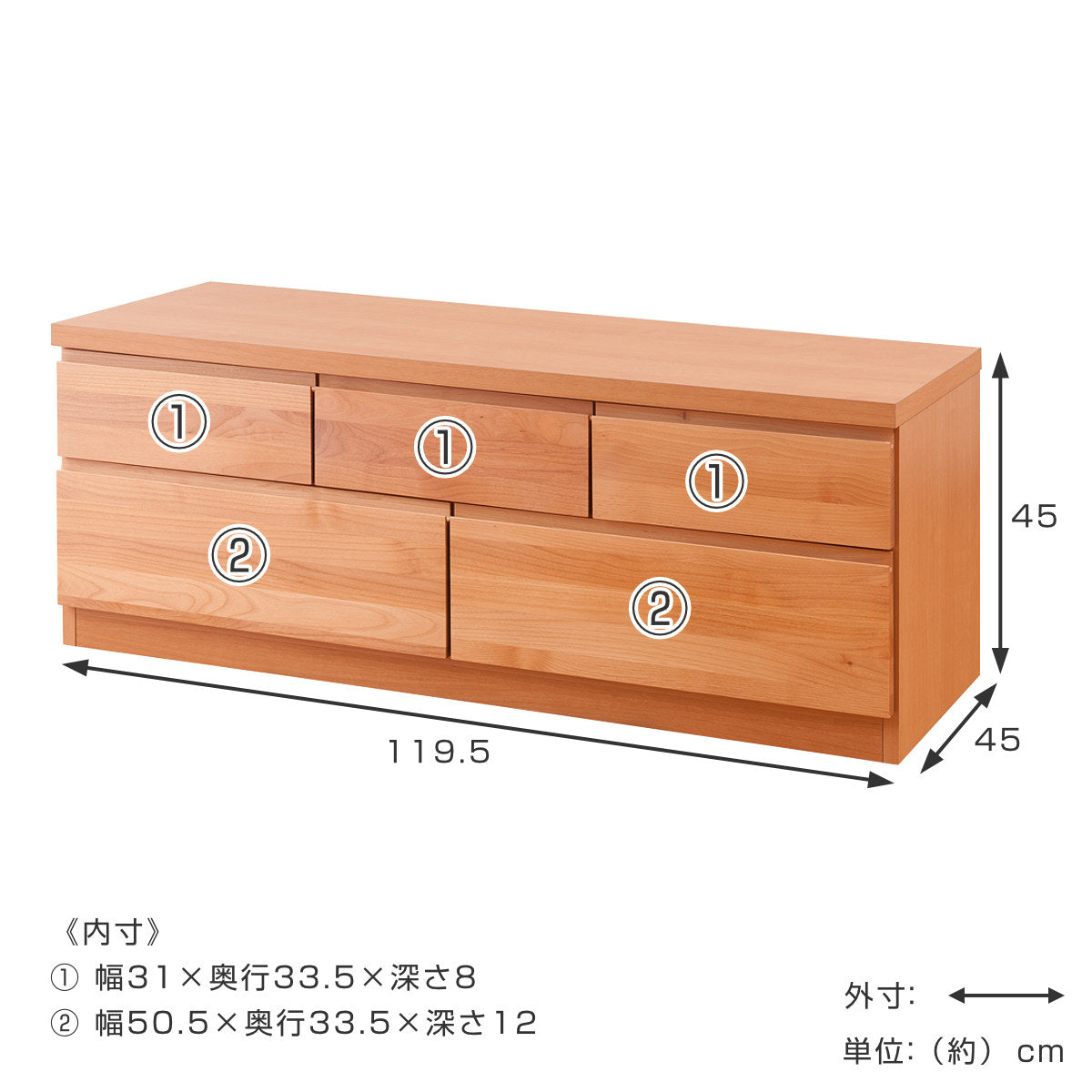 チェスト 幅119.5cm 2段 5杯 ベンチチェスト 天然木 アルダー – ハウジー
