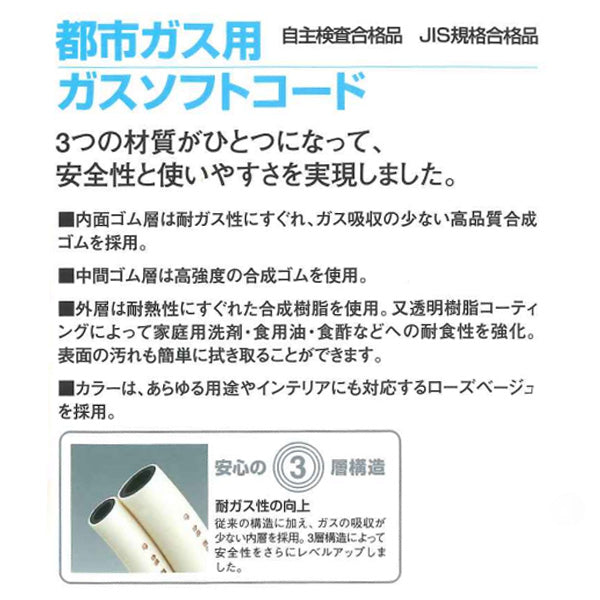 ガスコード2mバンド付き都市ガス用ゴム管長尺タイプ内径9.5mm