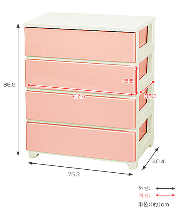 収納ケース ワイド 約 幅76×奥行41×高さ87cm 4段 カラースタイルチェスト ホワイトピンク
