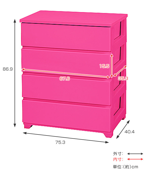 収納ケース ワイド 約 幅76×奥行41×高さ87cm 4段 カラースタイルチェスト ピンク