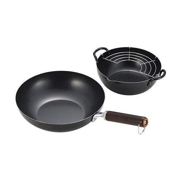 鉄鍋セット 郷技 炒め鍋 天ぷら鍋 木柄炒め鍋 揚げ網付き 鉄製 IH対応