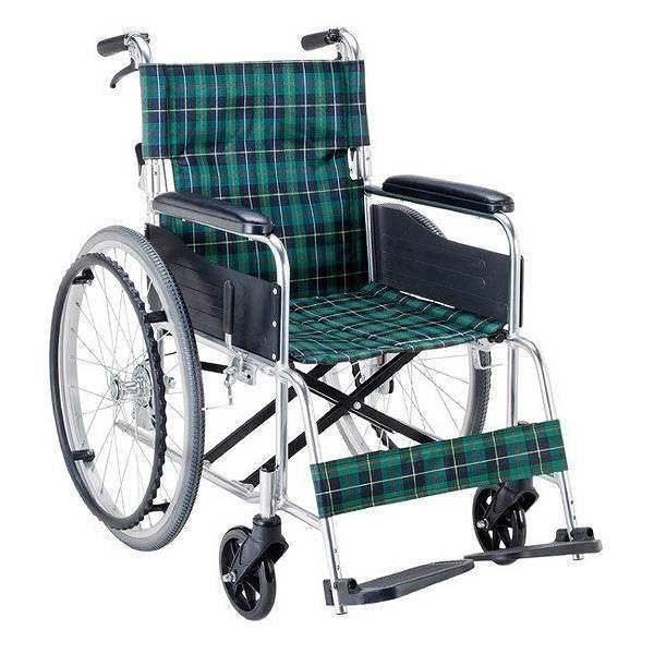 車いす アルミ製 自走式 背折れタイプ 緑チェック 座面幅42cm 非課税
