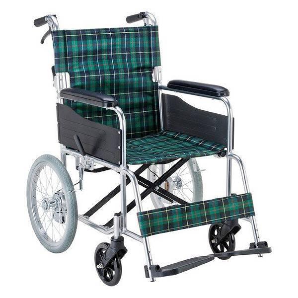 車いす アルミ製 介助式 背折れタイプ 緑チェック 座面幅42cm 非課税