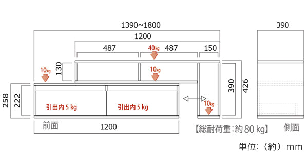 テレビ台　伸縮　AVラック　木目調　55V型対応　SW　幅139～180cm