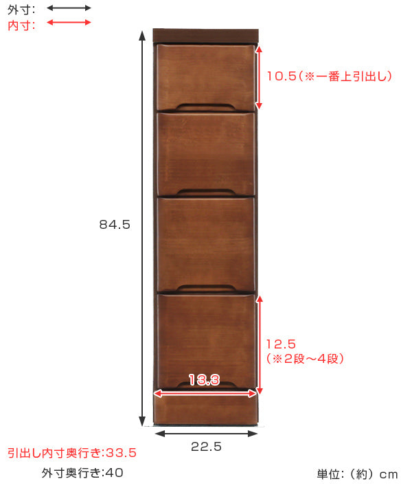 スリムチェスト 4段 すき間収納 引き出し 木製 幅22.5cm