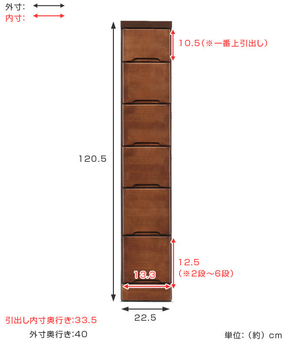 スリムチェスト 6段 すき間収納 引き出し 木製 幅22.5cm
