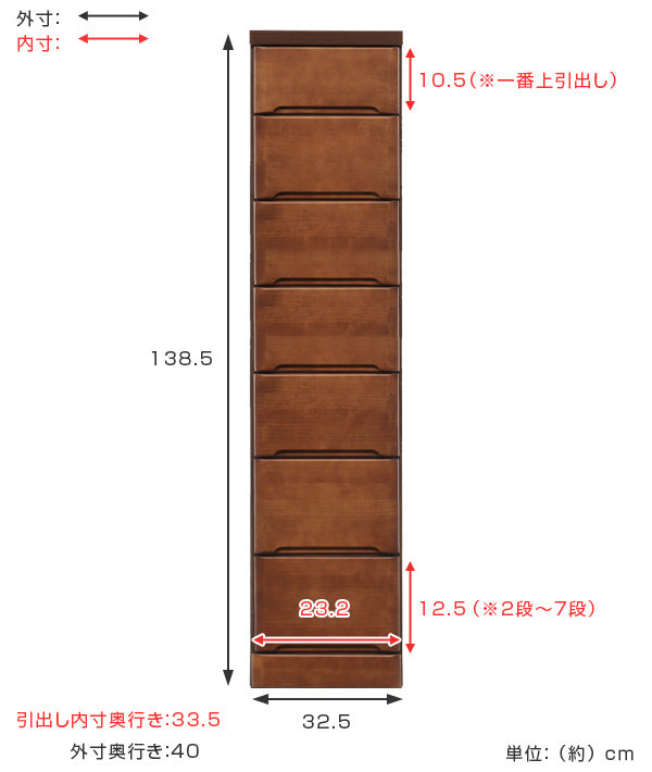 スリムチェスト 7段 すき間収納 引き出し 木製 幅32.5cm