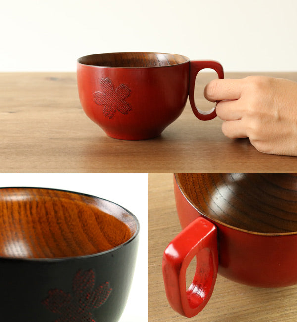 スープカップ 木製 250ml 漆 桜 天然木 持ち手付き 食器
