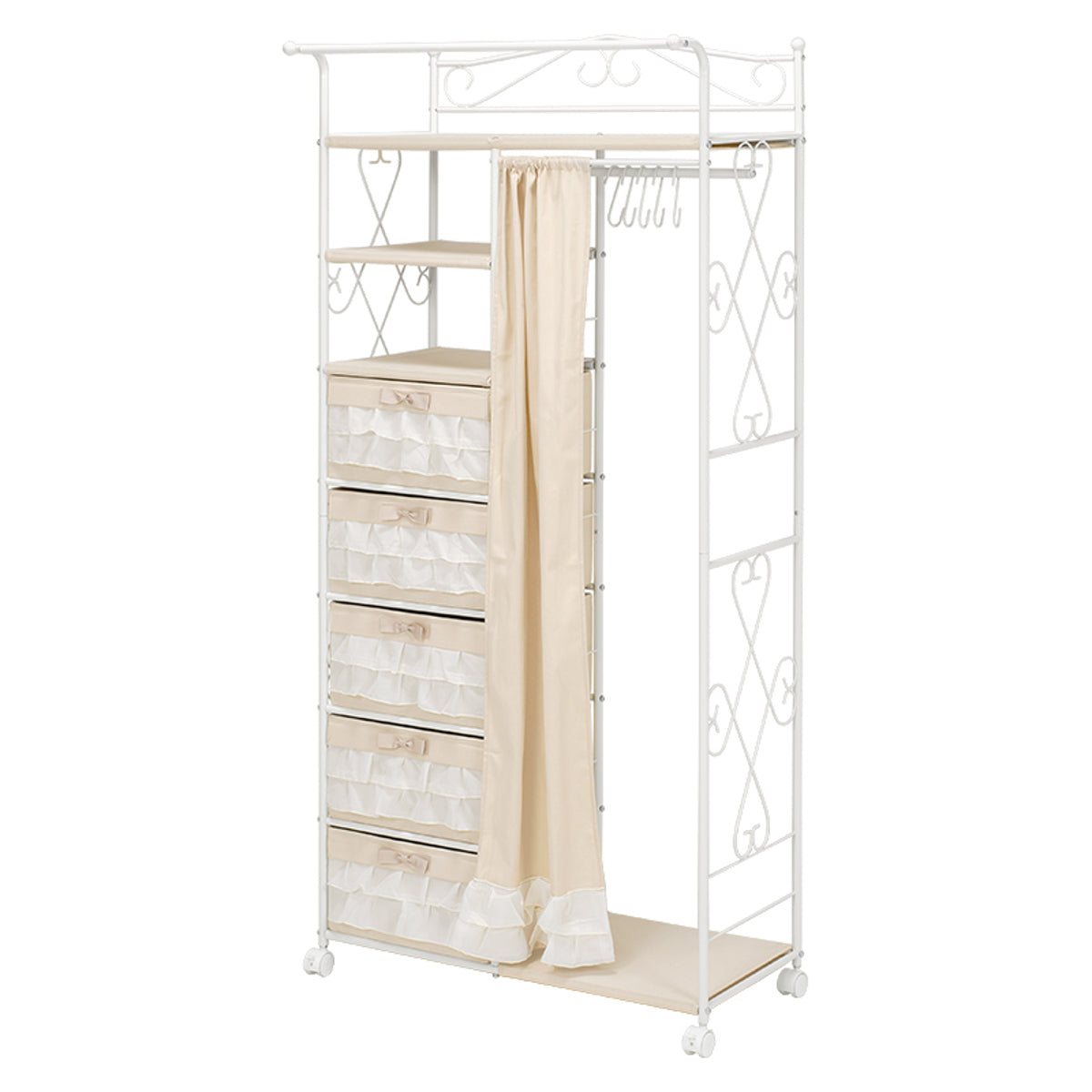 アイアン　ハンガーラック ハンガーラック カーテン付 ロートアイアン 姫系 収納ボックス付 7段