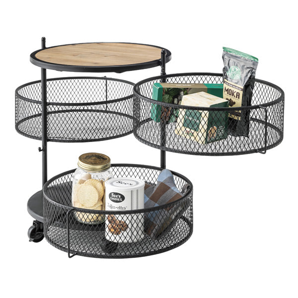 キャスターワゴン 天然木天板 ワイヤーラック 直径43cm