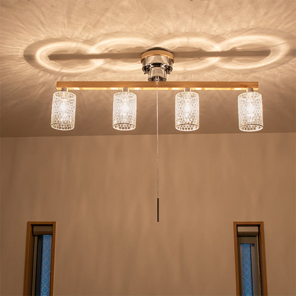 木製　ガラス　4灯シーリングライト シーリングライト 照明 バータイプ 木アーム 4灯 ナチュラル