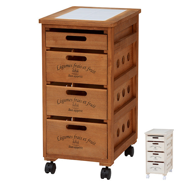 収納ストッカー 4段 タイルトップ 桐製 キャスター付 幅30cm