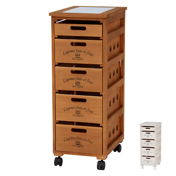 収納ストッカー 5段 タイルトップ 桐製 キャスター付 幅30cm