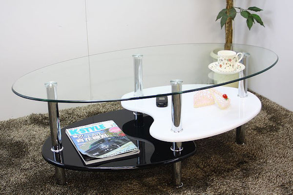 センターテーブル 幅109cm ガラス 強化ガラス ラック 収納 テーブル 円形 楕円形 ローテーブル モノトーン 机