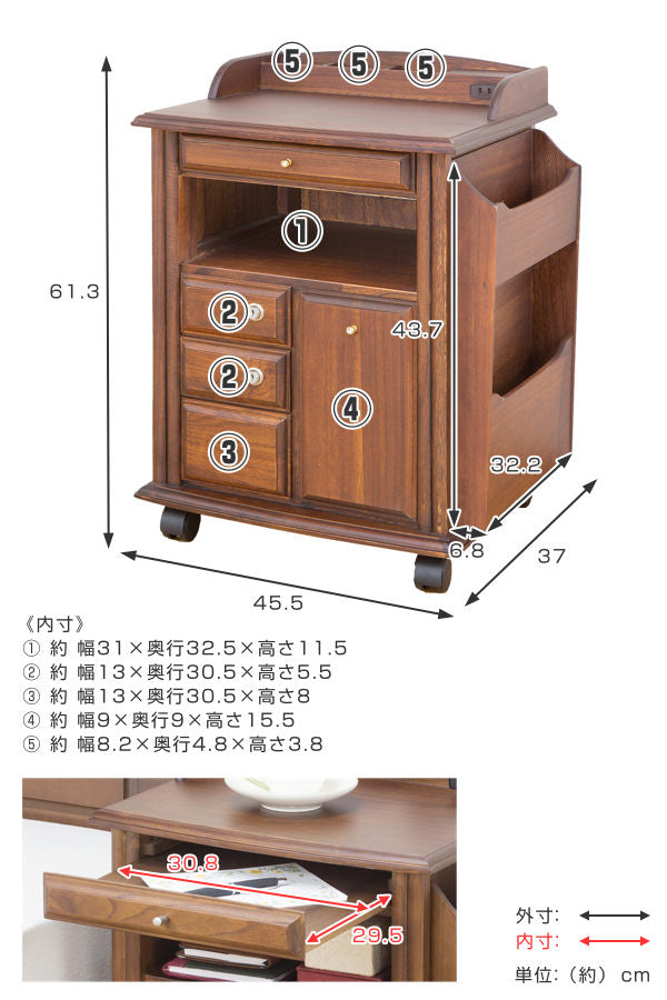サイドワゴン 鍵付き 幅45.5cm キャスター付き テーブルワゴン ベッド