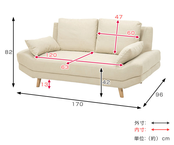 ソファ 二人掛け 幅170cm ファブリック 座面 広い 脚付き ローソファ クッション -5