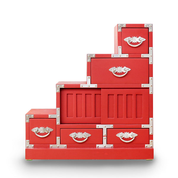 階段箪笥 桐製 民芸調 和風チェスト 左下がり 朱雀 幅57cm