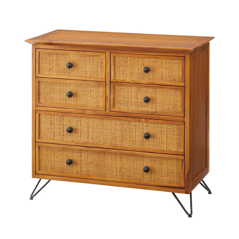 ラタンバスケットと天然木フレームの収納チェスト6段引き出し アジアン