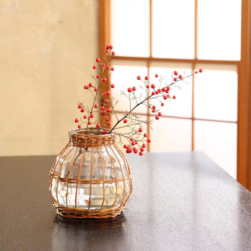 柳グラスベース③ 編かごフラワーベース ウィロー 花瓶 フラワーベース