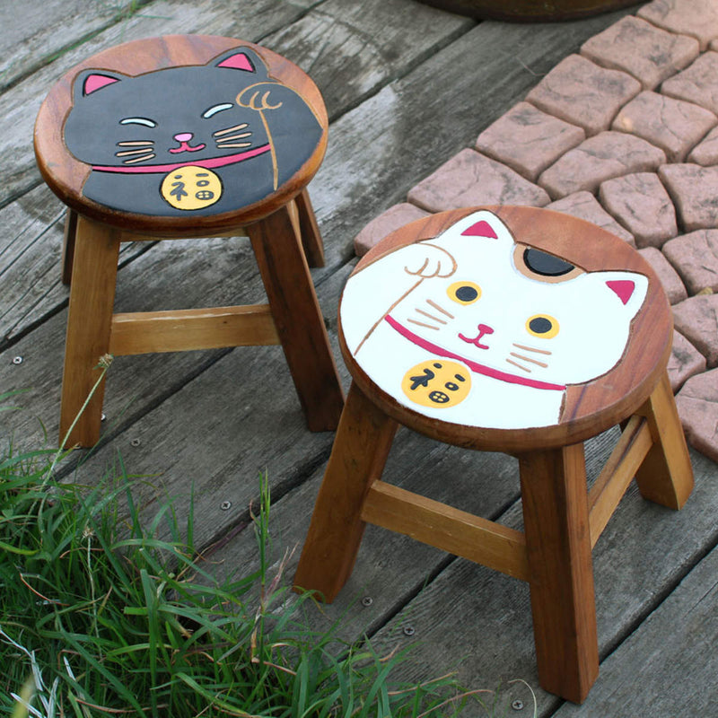 スツール 招き猫 木製 天然木 丸椅子 -2