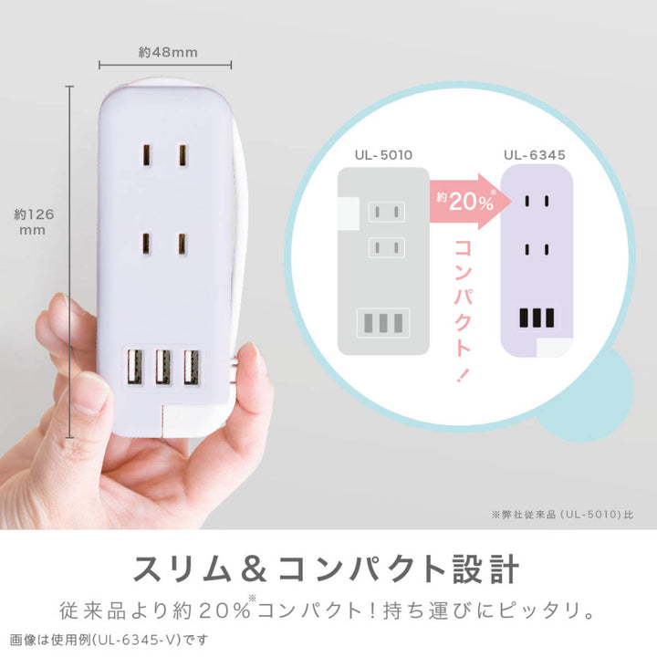 コンセントタップスリムポータブルコンセントUSB‐A3ポートユートリムエルポーチ付