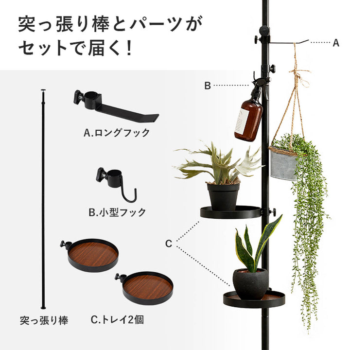 突っ張りポールラック丸型トレイ2個フック付高さ調整見せる収納