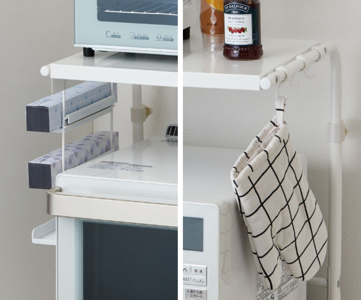 レンジ上ラック 伸縮タイプ フック・ラップホルダー付き (RUR-EXN-CT) 入数:4 Belca レンジラック レンジ上ラック 伸縮タイプ フック・ラップホルダー付き 幅44~64×奥行36.8×高さ42.3cm ホワイト キッチン収納  RUR-EXN