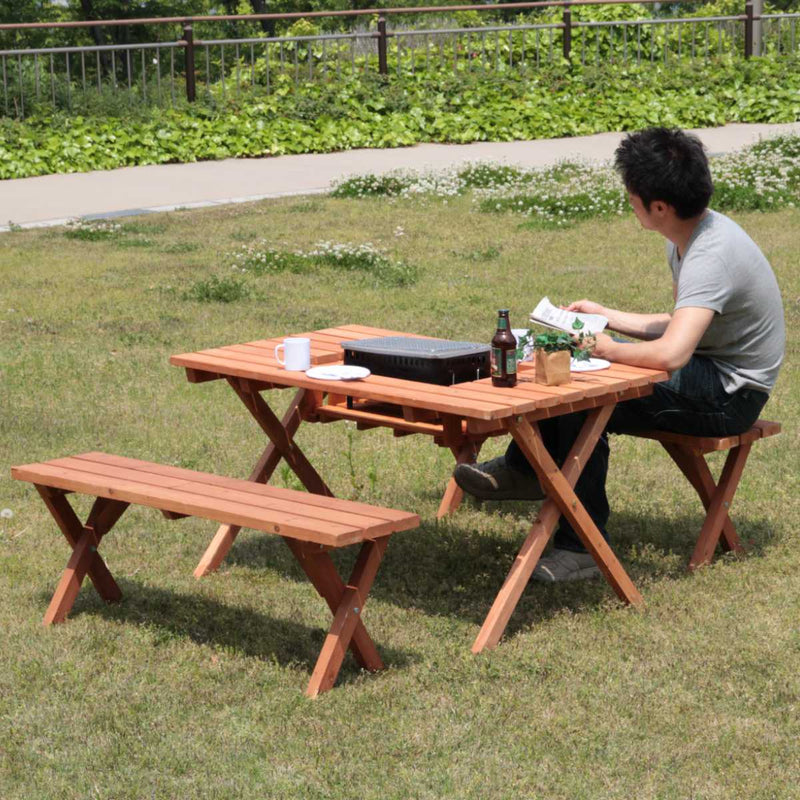 ガーデンテーブル3点セット杉材BBQテーブル＆ベンチセットコンロスペース付木製