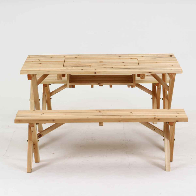 ガーデンテーブル BBQテーブル＆ベンチセット コンロスペース付 木製 -5