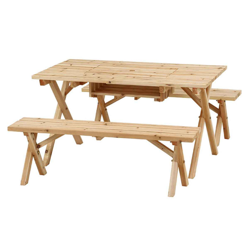 ガーデンテーブル BBQテーブル＆ベンチセット コンロスペース付 木製 -2