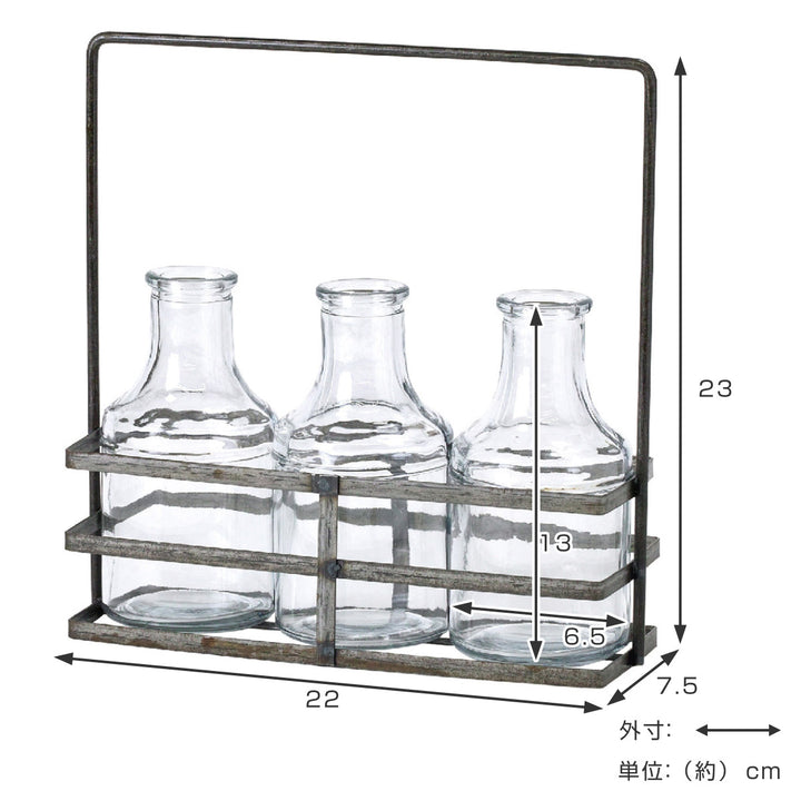 花瓶 ブリュージュ ガラスボトルフラワーベース トリプル アイアンホルダー付き -4