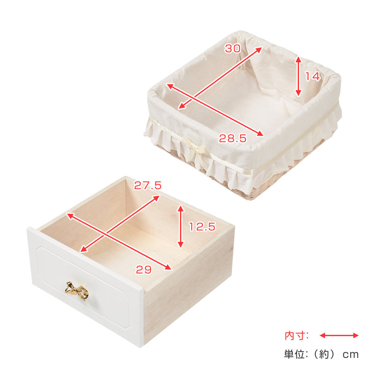 キャビネット バスケット付 姫系 白家具 リボン引手 幅78cm -6