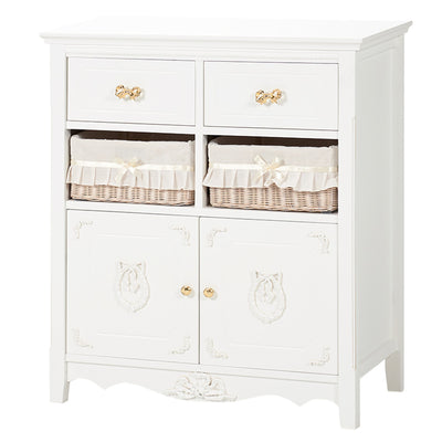 キャビネット バスケット付 姫系 白家具 リボン引手 幅78cm